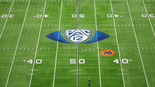 Dec 3, 2021; Las Vegas, NV, USA; A detailed view of the Pac-12 Conference logo at midfield at Allegiant Stadium before the 2021 Pac-12 Championship Game between the Oregon Ducks and the Utah Utes.