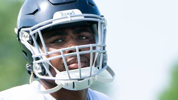 Tennessee Titans wide receiver Treylon Burks (16) watches drills during practice at Saint Thomas Sports Park Wednesday, June 1, 2022, in Nashville, Tenn.