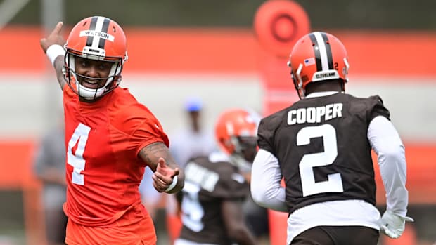 May 25, 2022; Berea, OH, USA; Cleveland Browns quarterback Deshaun Watson (4) runs the offense with wide receiver Amari Cooper (2) during organized team activities at CrossCountry Mortgage Campus. Mandatory Credit: Ken Blaze-USA TODAY Sports