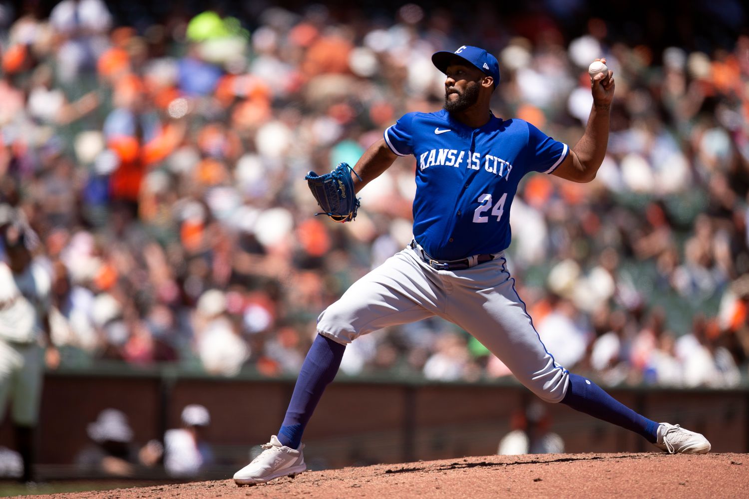 Jun 15, 2022; San Francisco, California, USA; Kansas City Royals pitcher Amir Garrett (24) delivers a pitch against the San Francisco Giants in the fifth inning at Oracle Park. Mandatory Credit: D. Ross Cameron-USA TODAY Sports