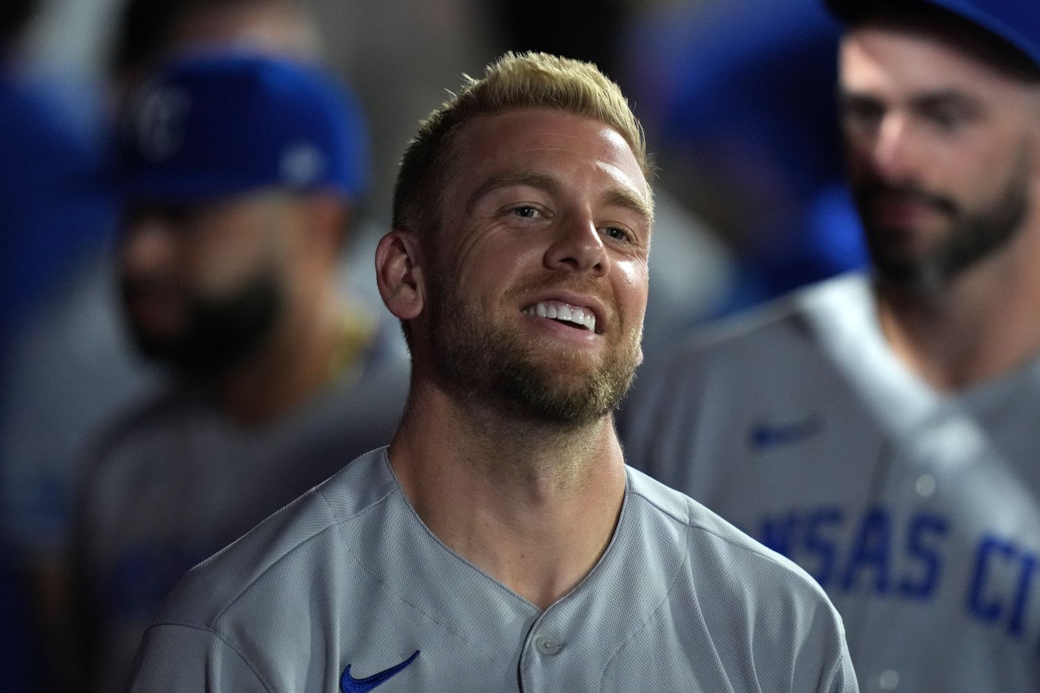 Jun 20, 2022; Anaheim, California, USA; Kansas City Royals first baseman Hunter Dozier (17) celebrates after hitting a solo home run in the eighth inning against the Los Angeles Angels at Angel Stadium. Mandatory Credit: Kirby Lee-USA TODAY Sports