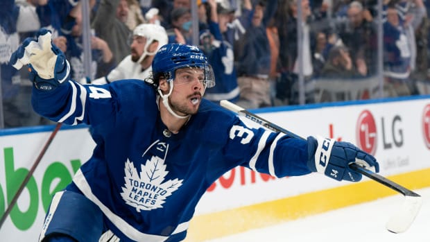 Toronto Maple Leafs center Auston Matthews (34) celebrates scoring the winning goal.