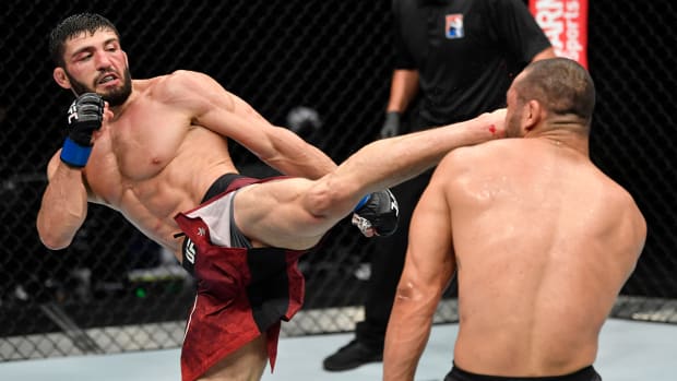 July 19, 2020; Abu Dhabi, UAE; Arman Tsarukyan of Armenia kicks Davi Ramos of Brazil in their lightweight bout during UFC Fight Night at the Flash Forum on UFC Fight Island.