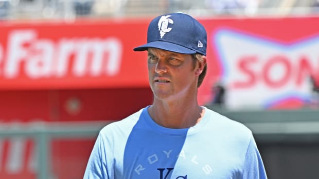 Jun 25, 2022; Kansas City, Missouri, USA; Kansas City Royals starting pitcher Zack Greinke (23) looks on during batting practice, prior to a game against the Oakland Athletics at Kauffman Stadium. Mandatory Credit: Peter Aiken-USA TODAY Sports