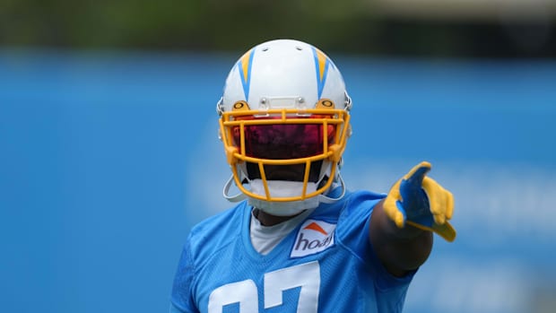 Jun 14, 2022; Costa Mesa, California, USA; Los Angeles Chargers cornerback J.C. Jackson (27) during minicamp at the Hoag Performance Center. Mandatory Credit: Kirby Lee-USA TODAY Sports