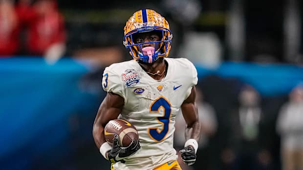 Dec 30, 2021; Atlanta, GA, USA; Pittsburgh Panthers wide receiver Jordan Addison (3) runs after a catch against the Michigan State Spartans at Mercedes-Benz Stadium. Mandatory Credit: Dale Zanine-USA TODAY Sports