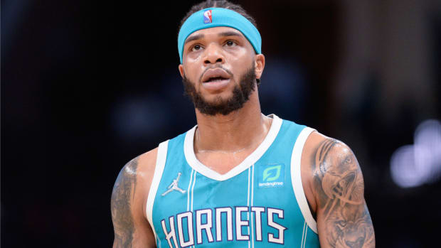 Charlotte Hornets forward Miles Bridges looks on in a timeout during the first half against the New York Knicks at the Spectrum Center.