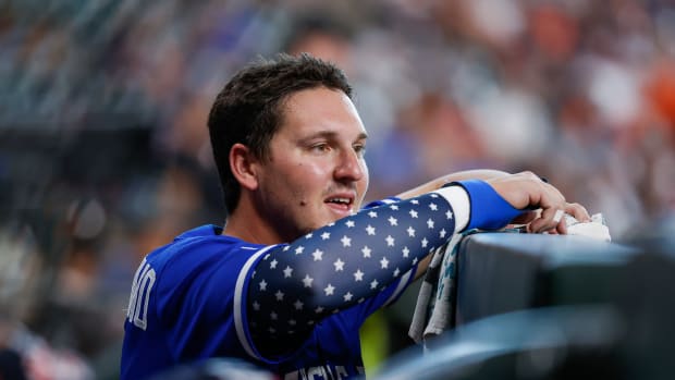 Jul 4, 2022; Houston, Texas, USA; Kansas City Royals designated hitter Vinnie Pasquantino (9) wears a sleeve with stars during the game against the Houston Astros at Minute Maid Park. Mandatory Credit: Troy Taormina-USA TODAY Sports