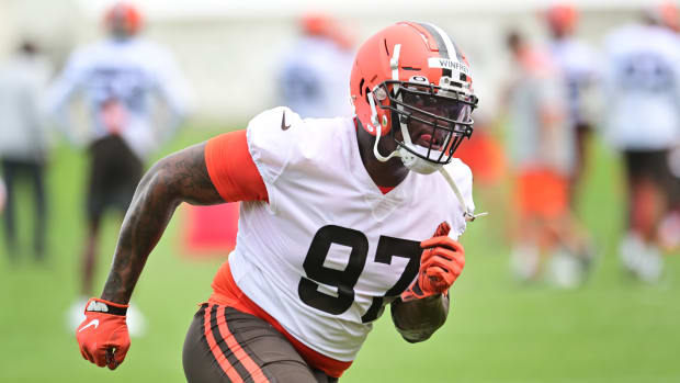 May 25, 2022; Berea, OH, USA; Cleveland Browns defensive tackle Perrion Winfrey (97) runs a drill during organized team activities at CrossCountry Mortgage Campus. Mandatory Credit: Ken Blaze-USA TODAY Sports