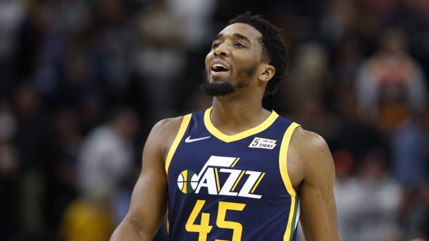 Utah Jazz guard Donovan Mitchell (45) reacts during overtime against the Memphis Grizzlies at Vivint Arena.