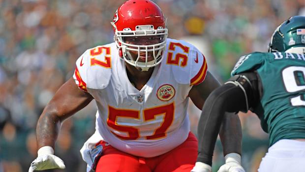 Oct 3, 2021; Philadelphia, Pennsylvania, USA; Kansas City Chiefs offensive tackle Orlando Brown (57) against the Philadelphia Eagles at Lincoln Financial Field. Mandatory Credit: Eric Hartline-USA TODAY Sports