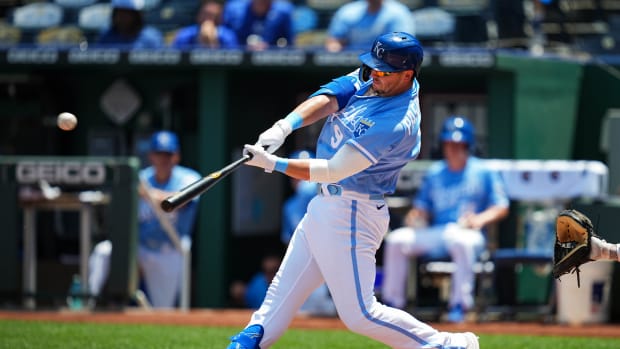 Jul 11, 2022; Kansas City, Missouri, USA; Kansas City Royals first baseman Vinnie Pasquantino (9) hits a home run against the Detroit Tigers during the fourth inning at Kauffman Stadium. Mandatory Credit: Jay Biggerstaff-USA TODAY Sports