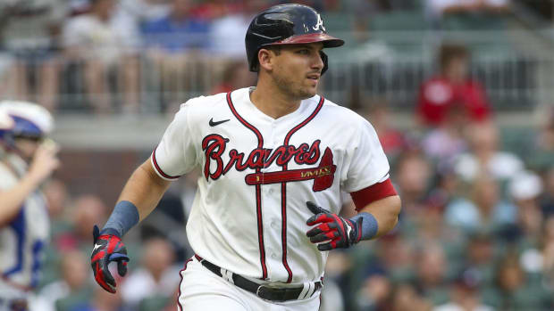 Braves third baseman Austin Riley runs the bases for Atlanta.