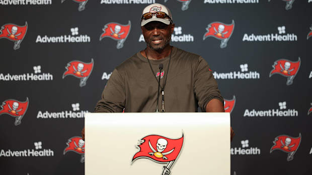 Buccaneers head coach Todd Bowles speaks with media at OTAs.