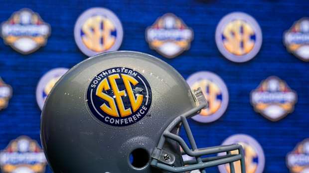 Jul 18, 2022; Atlanta, GA, USA; General views of the stage prior to the start of the SEC Media Days at the College Football Hall of Fame. Mandatory Credit: Dale Zanine-USA TODAY Sports