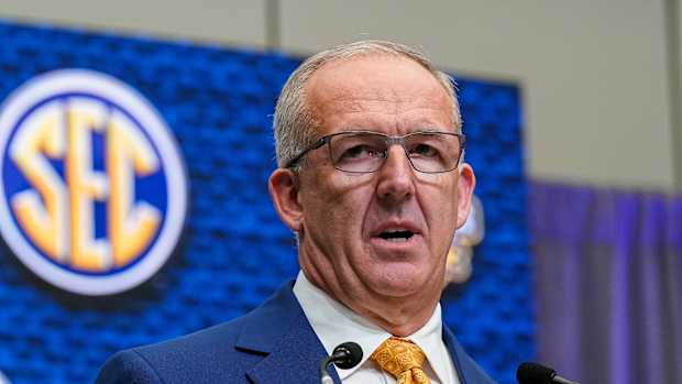 Jul 18, 2022; Atlanta, GA, USA; SEC commissioner Greg Sankey delivers comments to open SEC Media Days at the College Football Hall of Fame. Mandatory Credit: Dale Zanine-USA TODAY Sports