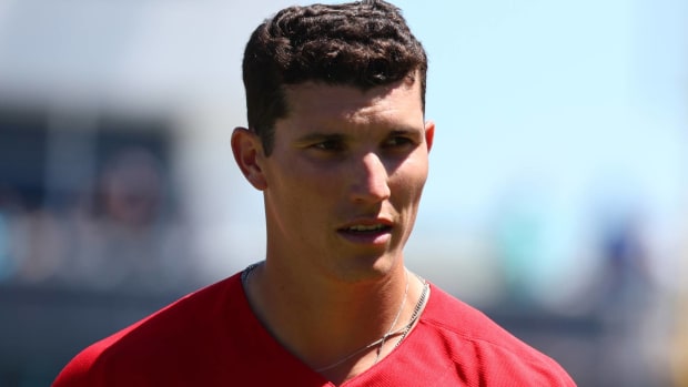 Red Sox outfielder Jarren Duran with his hat off in a spring training game.