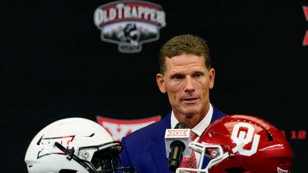 Jul 14, 2022; Arlington, TX, USA; Oklahoma Sooners head coach Brent Venables is interviewed during the Big 12 Media Day at AT&T Stadium.