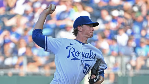 Jul 23, 2022; Kansas City, Missouri, USA; Kansas City Royals starting pitcher Brady Singer (51) delivers against the Tampa Bay Rays during the first inning at Kauffman Stadium. Mandatory Credit: Peter Aiken-USA TODAY Sports