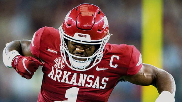 Arkansas Razorbacks defensive back Jalen Catalon (1) celebrates during the second half against the Texas A&M Aggies at AT&T Stadium.