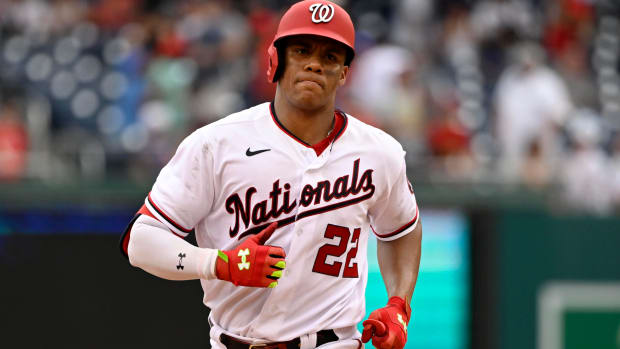 Jul 17, 2022; Washington, District of Columbia, USA;  Washington Nationals right fielder Juan Soto (22) rounds the bases after hitting a solo home run during the eighth inning against the Atlanta Braves at Nationals Park.