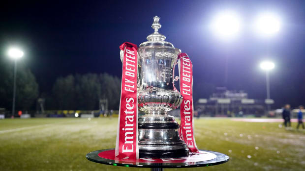 The FA Cup trophy pictured before a first round match between AFC Sudbury and Colchester United in 2021