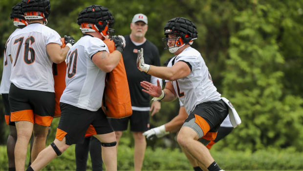 Jul 27, 2022; Cincinnati, OH, USA; Cincinnati Bengals guard Ben Brown (62) runs a drill during training camp at Kettering Health Practice Fields. Mandatory Credit: Katie Stratman-USA TODAY Sports