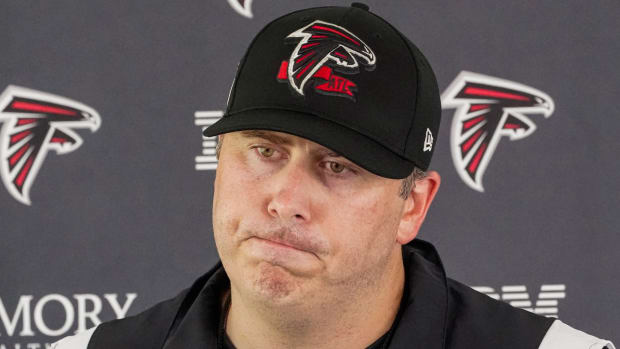 Atlanta Falcons head coach Arthur Smith talks to the media after practice during training camp.