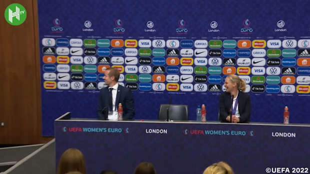 England Women players interrupt press conference singing and celebrating