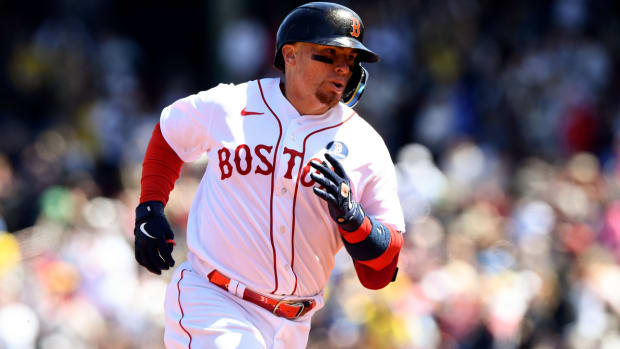 Apr 18, 2022; Boston, Massachusetts, USA; Boston Red Sox catcher Christian Vazquez (7) runs the bases after hitting a solo home run against the Minnesota Twins during the seventh inning at Fenway Park. Mandatory Credit: Brian Fluharty-USA TODAY Sports