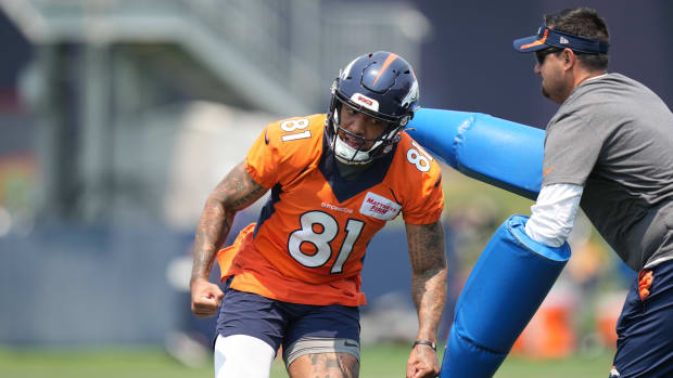 Denver Broncos wide receiver Tim Patrick (81) during mini camp drills at the UCHealth Training Center.