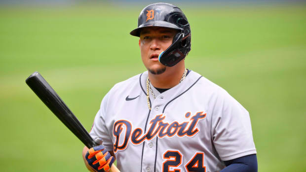 Tigers designated hitter Miguel Cabrera (24) stands on the field during the first inning of a game.