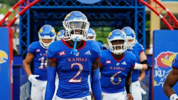 Sep 3, 2021; Lawrence, Kansas, USA; Kansas Jayhawks cornerback Jacobee Bryant (2) takes the field before the game against the South Dakota Coyotes at David Booth Kansas Memorial Stadium. Mandatory Credit: Jay Biggerstaff-USA TODAY Sports
