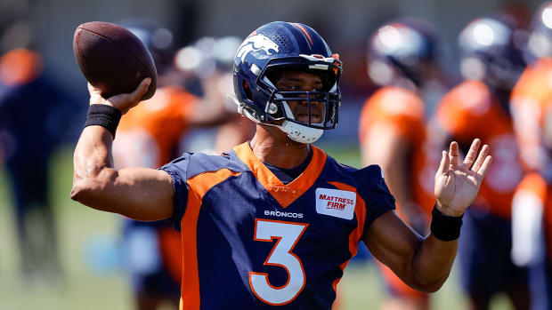 Aug 5, 2022; Englewood, CO, USA; Denver Broncos quarterback Russell Wilson (3) during training camp at the UCHealth Training Center.