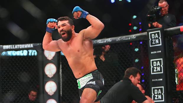 Patricio Freire celebrates after defeating Michael Chandler during Bellator 221 at Allstate Arena.