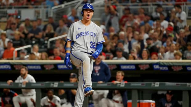 Aug 16, 2022; Minneapolis, Minnesota, USA; Kansas City Royals first baseman Nick Pratto (32) reacts to a called third strike against the Minnesota Twins in the seventh inning at Target Field. Mandatory Credit: Bruce Kluckhohn-USA TODAY Sports