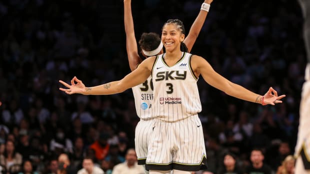 Chicago Sky forward Candace Parker (3) celebrates in the fourth quarter against the New York Liberty at Barclays Center.