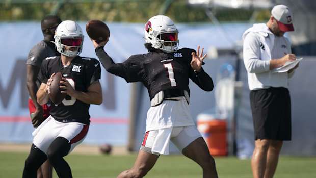Arizona Cardinals quarterback Kyler Murray (1) throws a pass during a joint training camp practice against the Tennessee Titans at Ascension Saint Thomas Sports Park. Mandatory Credit: George Walker IV-USA TODAY Sports