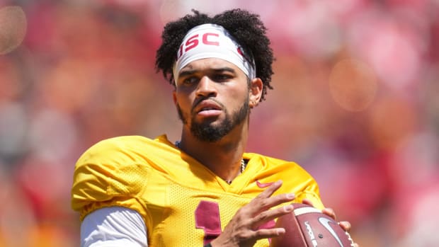 Apr 23, 2022; Los Angeles, CA, USA; Southern California Trojans quarterback Caleb Williams (13) throws the ball during the spring game at the Los Angeles Memorial Coliseum. Mandatory Credit: Kirby Lee-USA TODAY Sports
