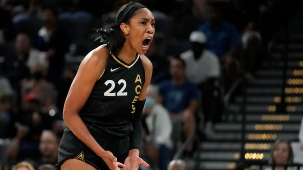 Las Vegas Aces forward A’ja Wilson (22) reacts after a play against the Phoenix Mercury.
