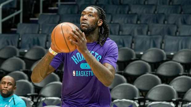 Mar 28, 2022; Charlotte, North Carolina, USA; Charlotte Hornets center Montrezl Harrell (8) during pregame warm ups against the Denver Nuggets at Spectrum Center.