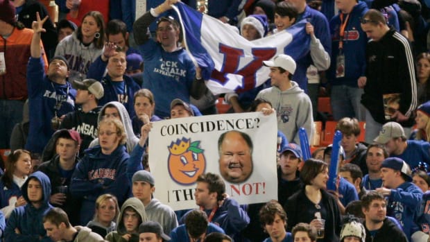 Jan 3, 2008: Miami, FL, USA: Kansas Jayhawks fans hold up a sign during the Orange Bowl against the Virginia Tech Hokies at Dolphin Stadium. Kansas won the game 24-21. Mandatory Credit: James Lang-USA TODAY Sports