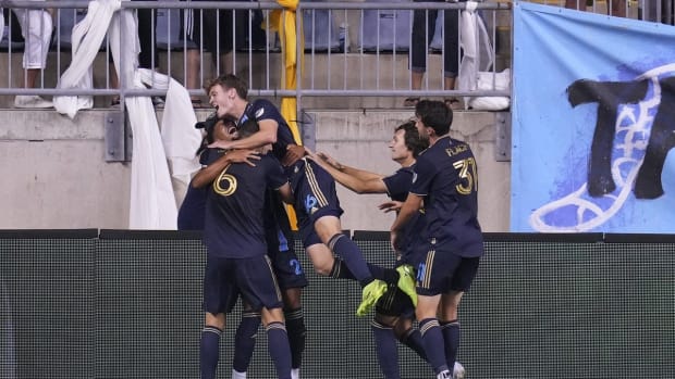 Aug 31, 2022; Chester, Pennsylvania, USA; Philadelphia Union defender Nathan Harriel (26) celebrates with midfielder Daniel Gazdag (6), midfielder Jack McGlynn (16), midfielder Paxten Aaronson (30), and midfielder Leon Flach (31) after scoring a goal against the Atlanta United in the second half at Subaru Park. Mandatory Credit: Mitchell Leff-USA TODAY Sports