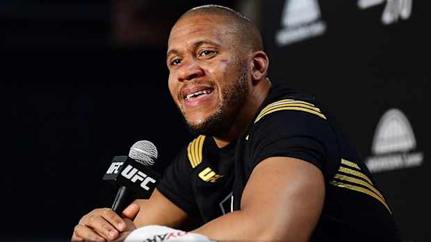 Jan 22, 2022; Anaheim, California, USA; Ciryl Gane speaks with media following UFC 270 at Honda Center.