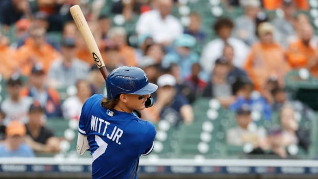 Sep 4, 2022; Detroit, Michigan, USA; Kansas City Royals shortstop Bobby Witt Jr. (7) hits an RBI double in the eighth inning against the Detroit Tigers at Comerica Park. Mandatory Credit: Rick Osentoski-USA TODAY Sports