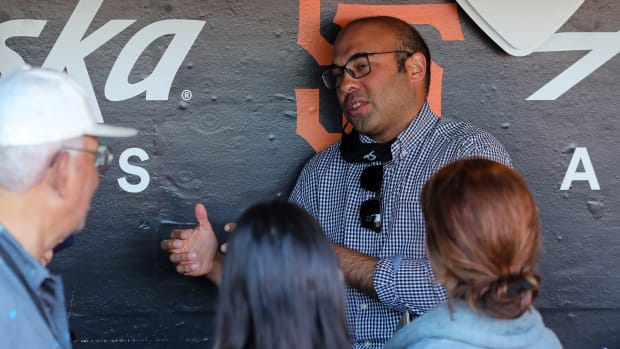 SF Giants president of baseball operations Farhan Zaidi talks to reporters. (2021)