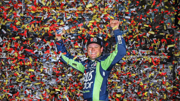 Erik Jones celebrates in victory lane after winning Sunday's Cook Out Southern 500 at Darlington Raceway. Jones becomes the first driver in Cup playoff history to win the playoff opener but did not qualify for the playoffs in the same season. (Photo by Harold Hinson/HHP for Chevy Racing)