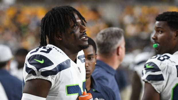 Aug 13, 2022; Pittsburgh, Pennsylvania, USA; Seattle Seahawks cornerback Tariq Woolen (39) on the sidelines against the Pittsburgh Steelers during the fourth quarter at Acrisure Stadium. Mandatory Credit: Philip G. Pavely-USA TODAY Sports