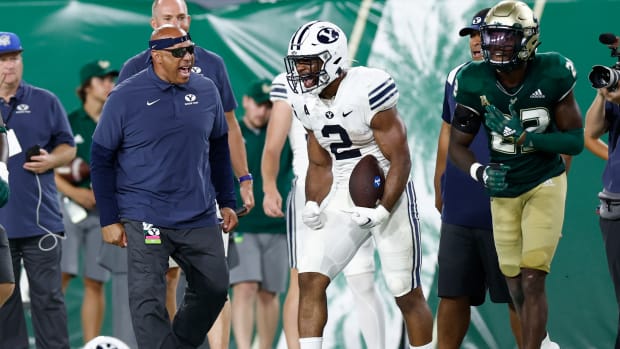 Sep 3, 2022; Tampa, Florida, USA; Brigham Young Cougars running back Christopher Brooks (2) reacts against the South Florida Bulls during the second half at Raymond James Stadium. Mandatory Credit: Douglas DeFelice-USA TODAY Sports