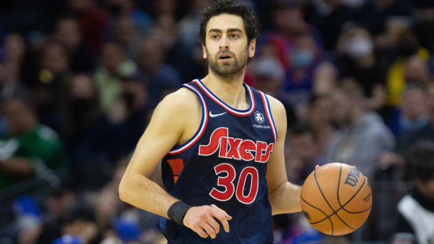 Nov 9, 2021; Philadelphia, Pennsylvania, USA; Philadelphia 76ers guard Furkan Korkmaz (30) dribbles the ball against the Milwaukee Bucks during the second quarter at Wells Fargo Center. Mandatory Credit: Bill Streicher-USA TODAY Sports